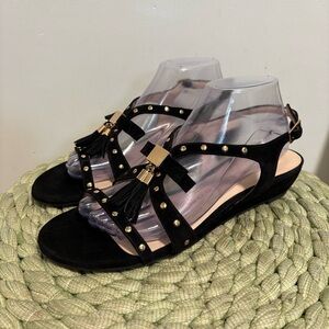 Sacha London Zoe Black Suede Gold Studs Strappy Low Wedge Comfort Sandals NWOB